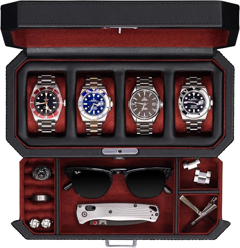 ROTHWELL 4 Slot Leather Watch Box with Valet Drawer - Luxury Case Display Jewelry Organizer, Locking Display Case Holder with Real Glass Top - Watch Box Organizer for Men & Women (Red) - Image 1